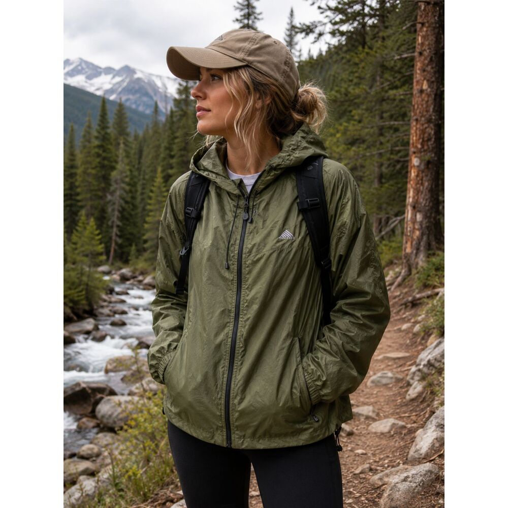 Kelty Green Lightweight Hooded Windbreaker Jacket Size L Hiking Outdoor Packable